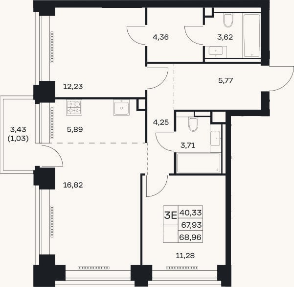 Планировка: 3-к, 67,9 м²