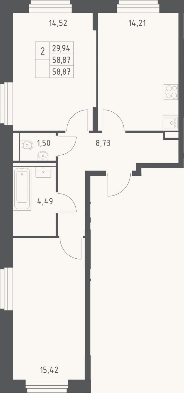 Планировка: 2-к, 58,9 м²