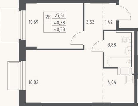Планировка: 2-к, 40,4 м²