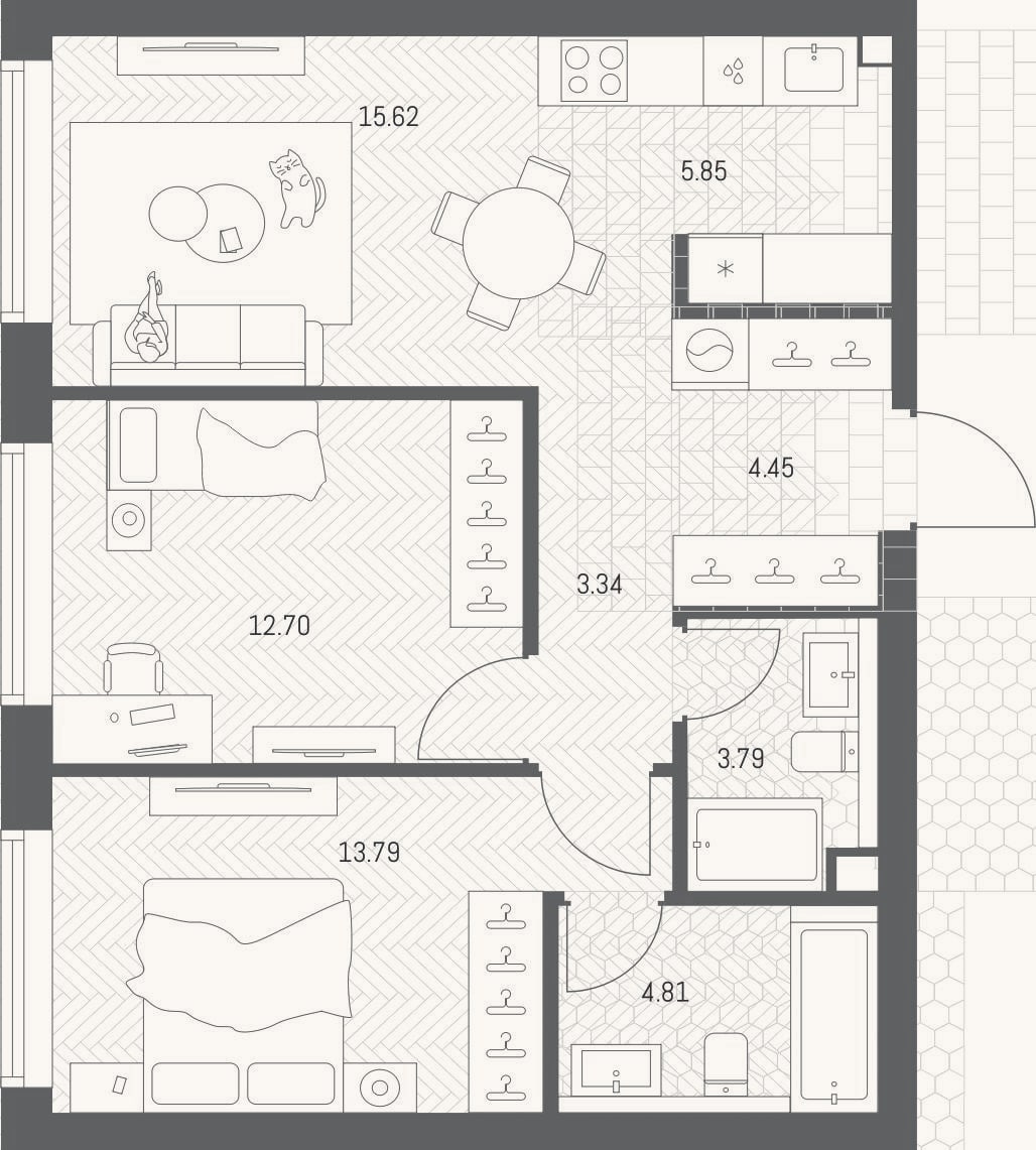 Планировка: 3-к, 64,4 м²