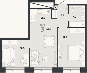 Планировка: 3-к, 53,8 м²