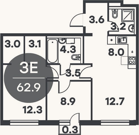 Планировка: 3-к, 62,6 м²