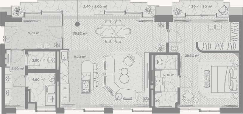 Планировка: 1-к, 101,3 м²