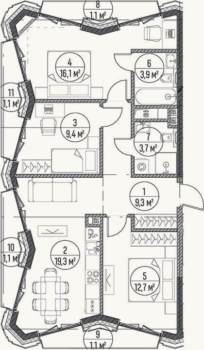 Планировка: 3-к, 74,4 м²