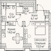 Планировка: 1-к, 45,4 м²