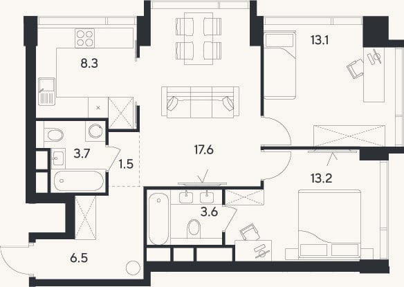 Планировка: 2-к, 67,5 м²