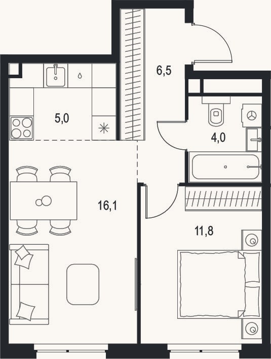 Планировка: 2-к, 43,4 м²