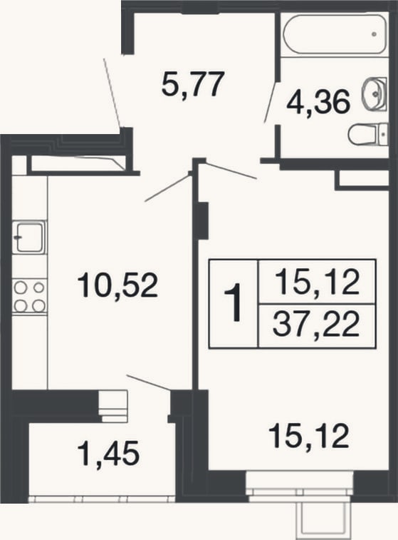 Планировка: 1-к, 35,8 м²
