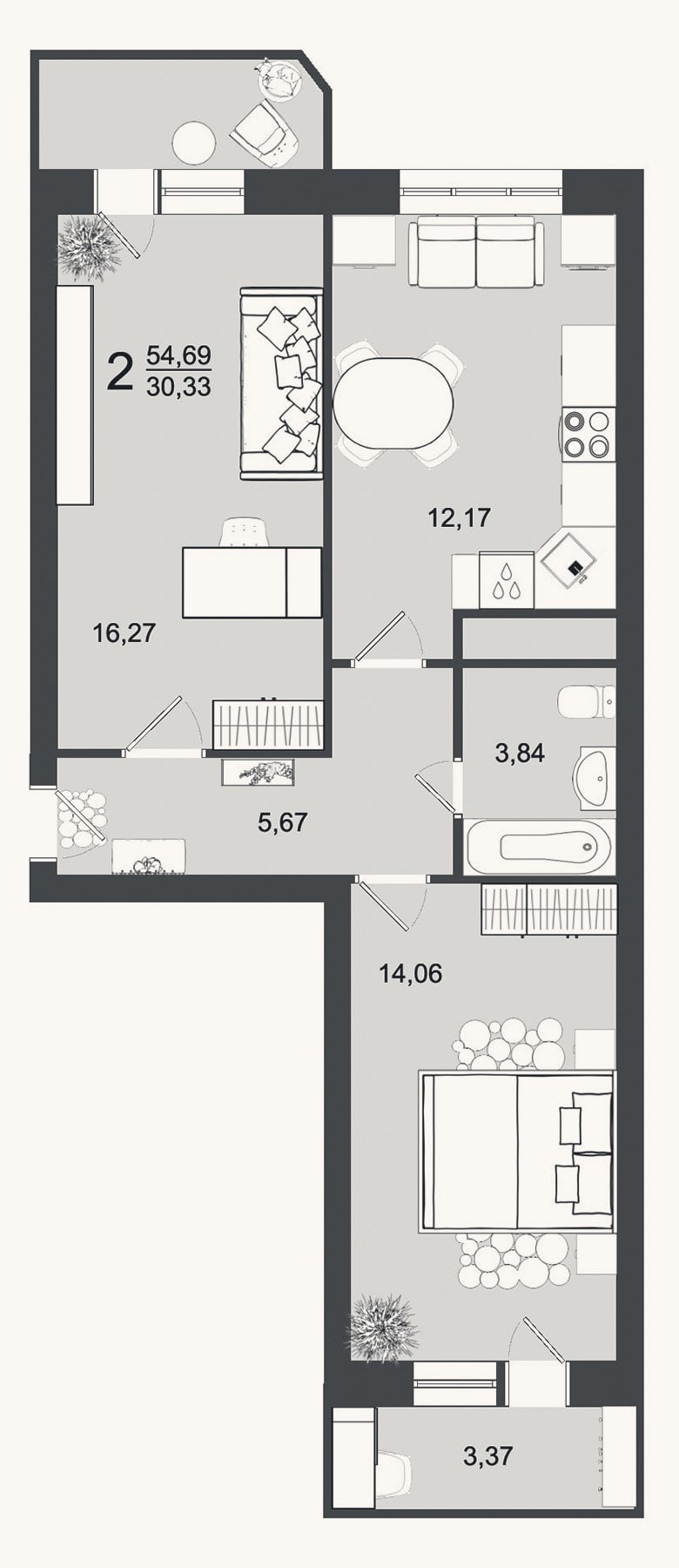Планировка: 2-к, 52 м²