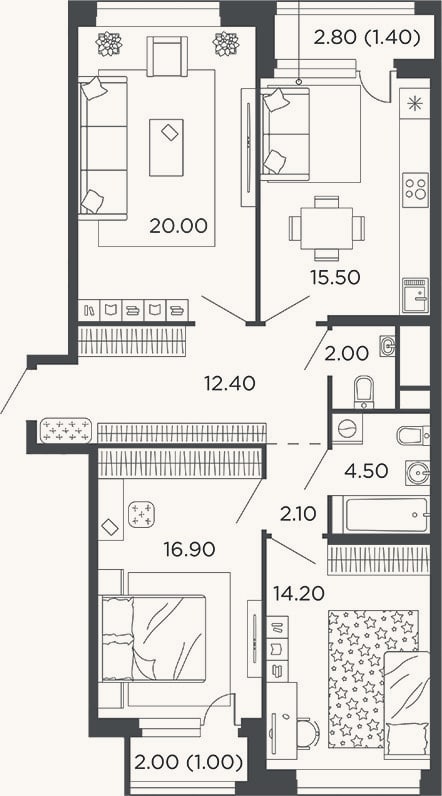 Планировка: 3-к, 87,6 м²