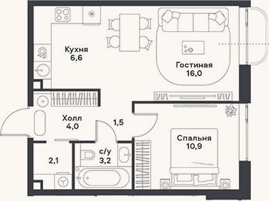 Планировка: 2-к, 44,3 м²