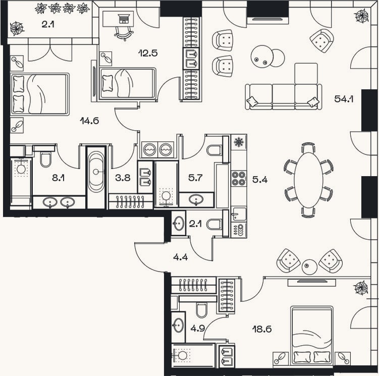 Планировка: 4+ к, 135,5 м²