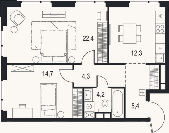 Планировка: 2-к, 63,3 м²