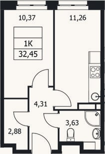 Планировка: 1-к, 32,5 м²