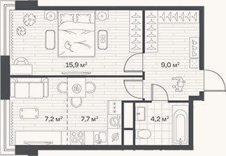 Планировка: 2-к, 44 м²