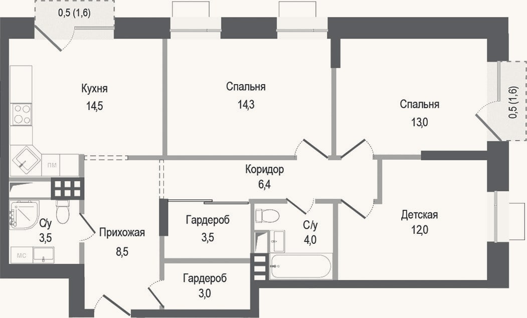 Планировка: 3-к, 82,7 м²