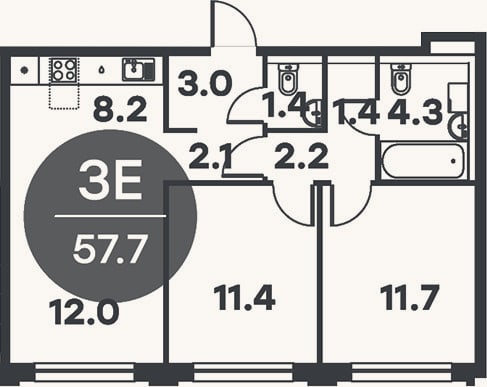 Планировка: 3-к, 57,7 м²