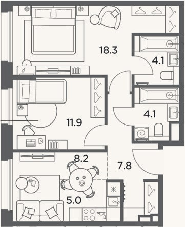 Планировка: 3-к, 59,4 м²