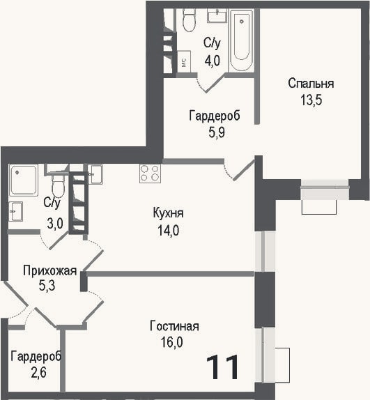 Планировка: 2-к, 64,3 м²