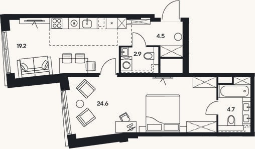 Планировка: 2-к, 55,9 м²