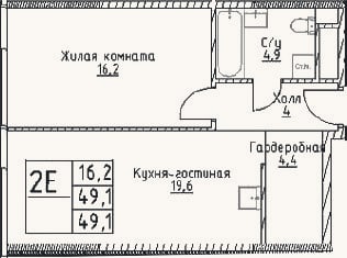 Планировка: 2-к, 49,1 м²