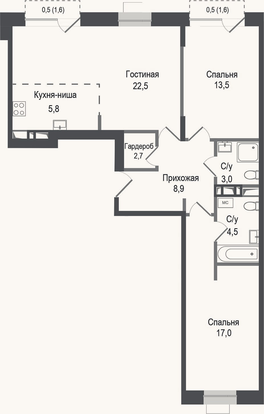 Планировка: 3-к, 77 м²