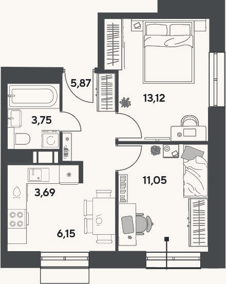 Планировка: 3-к, 43,6 м²