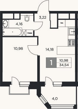 Планировка: 1-к, 32,5 м²