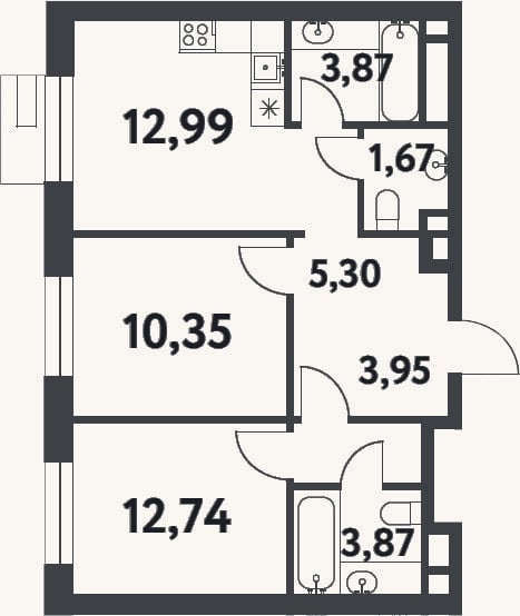 Планировка: 2-к, 54,7 м²