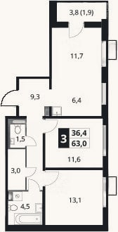 Планировка: 3-к, 61,1 м²