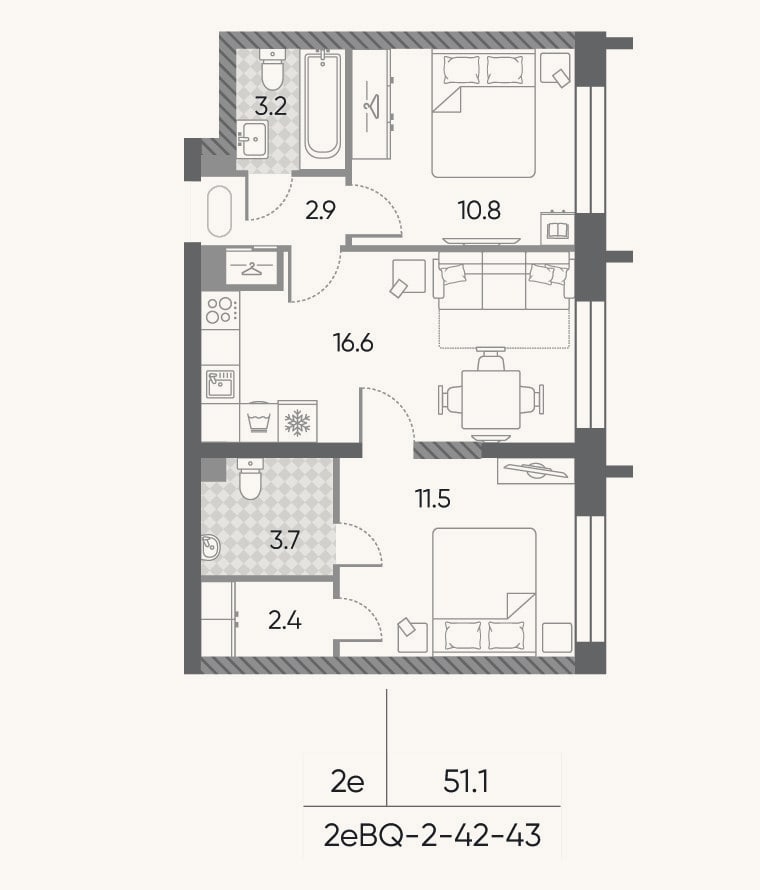 Планировка: 3-к, 51,1 м²