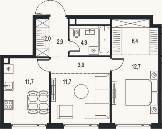 Планировка: 2-к, 56,2 м²