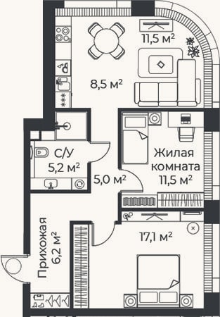 Планировка: 3-к, 65 м²