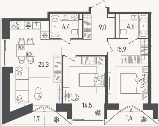 Планировка: 3-к, 73,7 м²