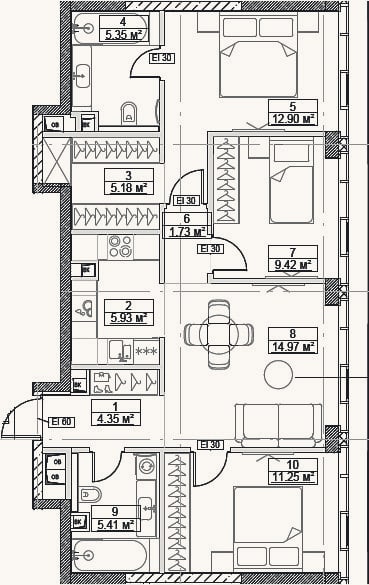 Планировка: 4+ к, 76,5 м²