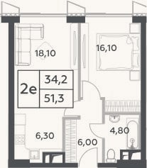 Планировка: 2-к, 51,3 м²