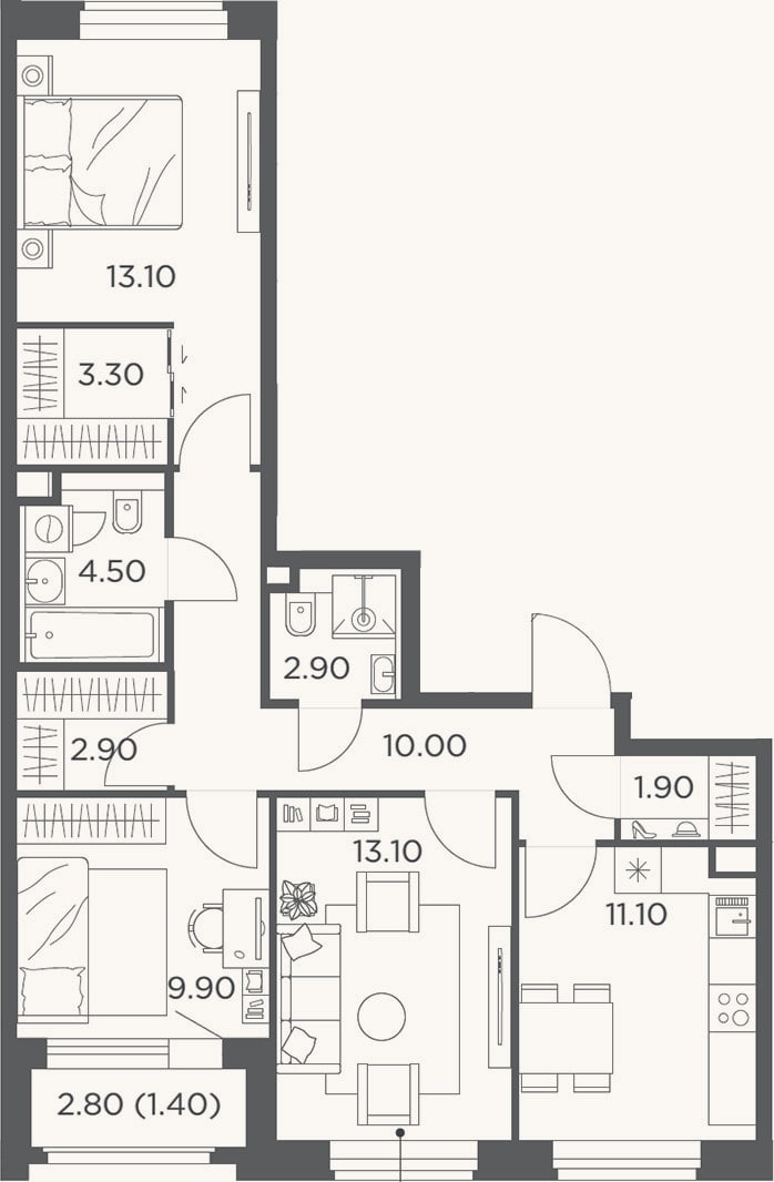 Планировка: 3-к, 75,8 м²