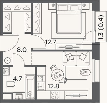 Планировка: 1-к, 38,2 м²