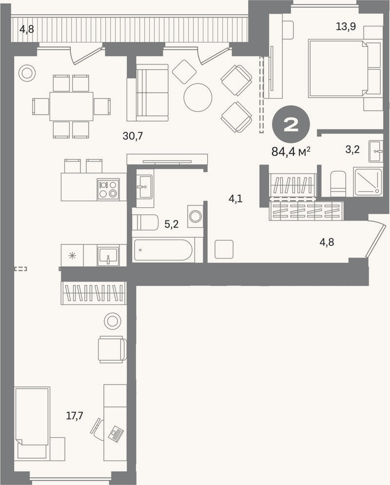 Планировка: 2-к, 79,6 м²