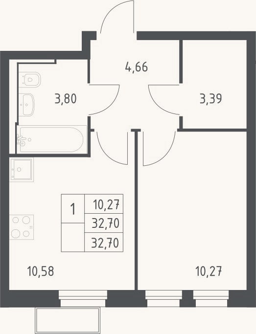 Планировка: 1-к, 32,7 м²