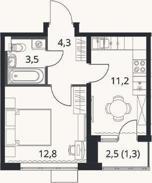Планировка: 1-к, 31,8 м²