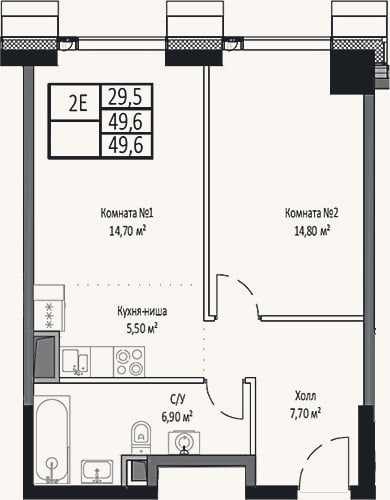 Планировка: 2-к, 49,6 м²