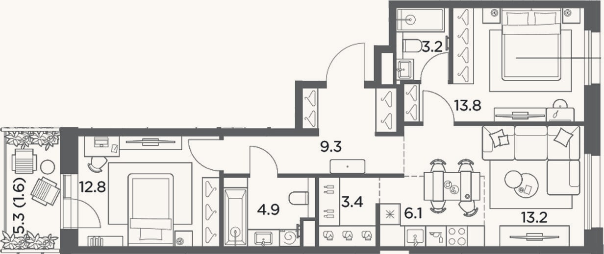 Планировка: 3-к, 66,7 м²