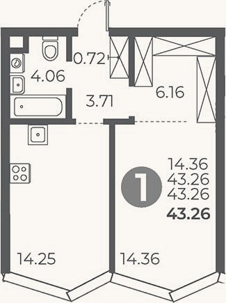 Планировка: 1-к, 43,3 м²