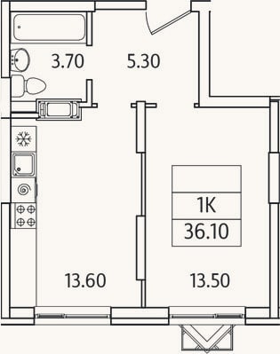 Планировка: 1-к, 36,1 м²