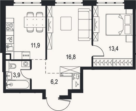 Планировка: 2-к, 52,2 м²