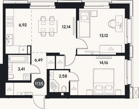 Планировка: 3-к, 58,8 м²
