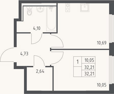 Планировка: 1-к, 32,2 м²