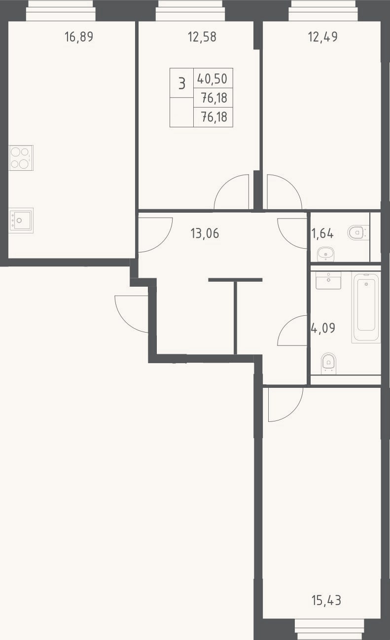 Планировка: 3-к, 76,2 м²