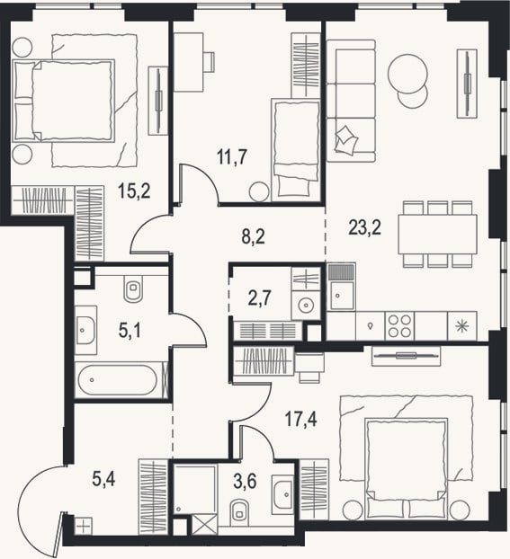 Планировка: 4+ к, 92,5 м²